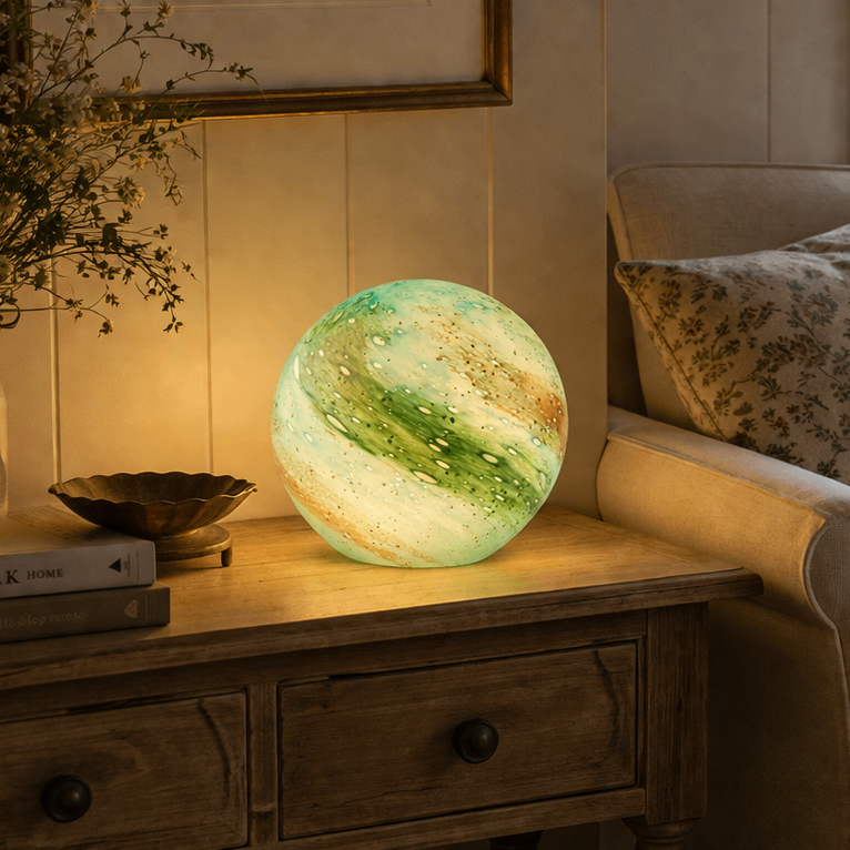 Round glass table lamp casting warm light in a bedroom